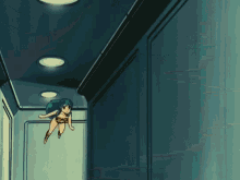 a girl with blue hair is flying through the air in a hallway