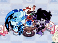 a couple of cartoon characters sitting at a table with ice cream .