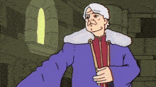 a cartoon of a man in a purple coat with a white fur collar