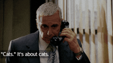 a man in a suit and tie is talking on a phone with the words " cats " written below him