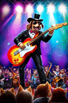a dog in a top hat is playing a guitar