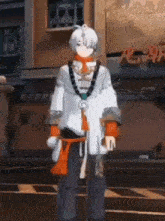 a man is standing in front of a building in a video game .