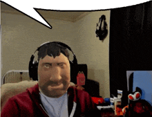 a man wearing headphones and a mask with a mcdonald 's happy meal bag behind him