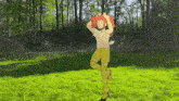 a girl with red hair is standing in a field with trees in the background