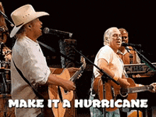a group of people singing and playing guitars with the words " make it a hurricane " above them