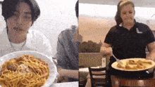 a man and a woman are sitting at a table with plates of food .