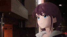 a girl with purple hair and blue eyes is standing on a street at night .