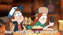 dipper and wendy from gravity falls are sitting at a table with popcorn