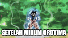 a cartoon of a man standing in front of a green background with the words `` setelah minum grotima '' written above him .