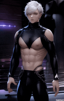 a man with white hair is wearing a black outfit with a chain around his waist ..