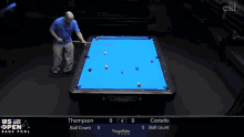 a pool table with a man holding a cue and a scoreboard that says " us open bank pool championship "