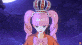 a girl with pink hair is wearing a crown and a bow