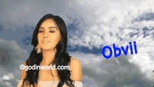 a woman with her eyes closed stands in front of a cloudy sky with the word obvil written on it