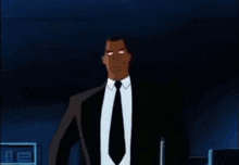 a cartoon man in a suit and tie is standing in the dark