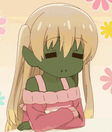 a drawing of a girl with a green face and long blonde hair