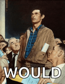 a painting of a man standing in front of a crowd with the word would above him