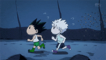 a cartoon of two boys running with the letters o on the bottom left