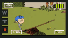 a cartoon of a boy in a blue helmet is being recorded