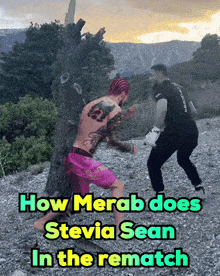 a man in pink shorts is standing next to a tree with the words how merab does stevia sean in the rematch above him