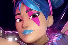 a close up of a cartoon character with blue and pink hair and blue lips