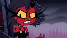 a cartoon character with red hair and yellow eyes is making a funny face