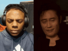 a man wearing headphones is next to a man with his eyes closed