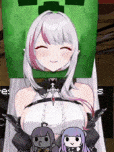 a girl is laying on a bed with a creeper on her head