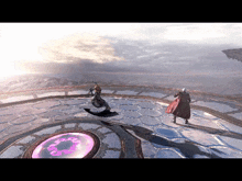 a man in a red coat is standing in front of a purple circle in a video game