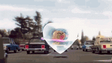 a cartoon character is floating in a heart shaped bubble in a parking lot .