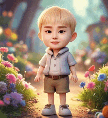 a little boy is standing in front of a field of flowers