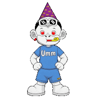 a cartoon monkey wearing a blue shirt that says umm on it