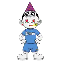 a cartoon monkey wearing a blue shirt that says umm on it