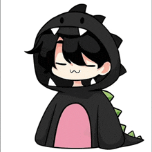 a cartoon of a boy wearing a black dinosaur costume .