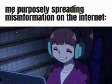a girl wearing headphones is sitting in front of a laptop computer and smiling .