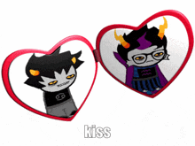 two heart shaped mirrors with cartoon characters on them and the word kiss underneath them
