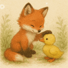 a fox petting a small yellow duck in a field