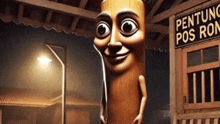 a cartoon character is standing in front of a building that says pentong pos ron