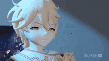 a close up of a video game character with sujikan written in the corner