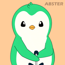 a green penguin is holding a black flower in its mouth