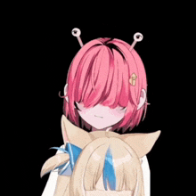 a girl with pink hair and a girl with blonde hair are standing next to each other on a black background
