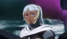 a woman with white hair and purple eyes is wearing a headset