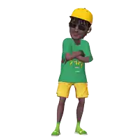 a cartoon character wearing a yellow hat and a green shirt that says " filthy "