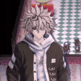a cartoon character wearing a black jacket with the letters ccc on the front