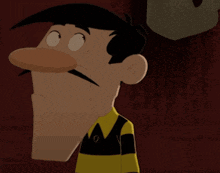 a cartoon character with a mustache wearing a yellow and black vest