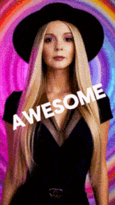 a woman in a black hat says awesome