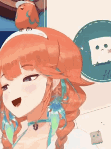 a cartoon girl with a bird on her head
