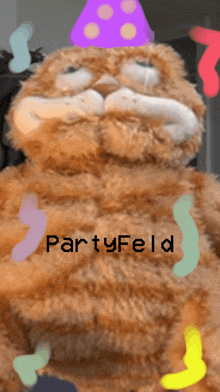 a stuffed animal with a party hat and the words partyfeld on the bottom