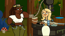 two cartoon characters are standing next to each other in a forest