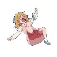 a cartoon girl in a pink dress is laying on the floor .