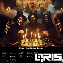 a group of masked men are sitting around a table with candles and the words museum bola situs live casino resmi